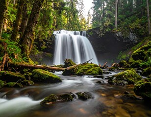 Scenic waterfall surrounded by lush green forest and moss-covered rocks