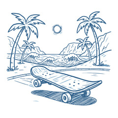 Skate Beach Vintage Art.Coastal Surf Skateboard Sketch.Summer Vibes Hand Drawn Vector.Palm Tree Ocean Waves Graphic.Monochrome Skating Illustration