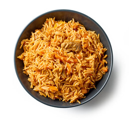 bowl of spicy rice with chicken meat and carrots