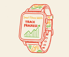 Hand Drawn Fitness Watch.Smart Tracker Illustration.Progress Data Graph Watch.Retro Wearable Technology.Health Monitoring Sketch