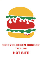 Hot Spicy Burger Vector.Flame Chicken Sandwich Logo.Fast Food Restaurant Icon.Simple Chili Burger Graphic.Minimal Hot Bite Illustration