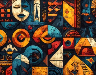 A vibrant, geometric tapestry showcasing cultural symbols and patterns with a palette of blues, oranges, reds, and yellows