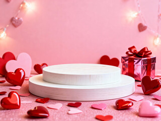 Romantic Valentine's day display with hearts and pink background, text space