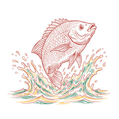 Jumping Fish Line Art.Vintage Fishing Illustration.Hand Drawn Bass Splash.Engraved Water Wildlife.Retro Fish Emblem Vector