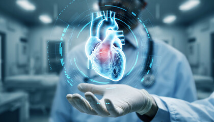 Doctor holding a glowing blue digital human heart in a medical setting.