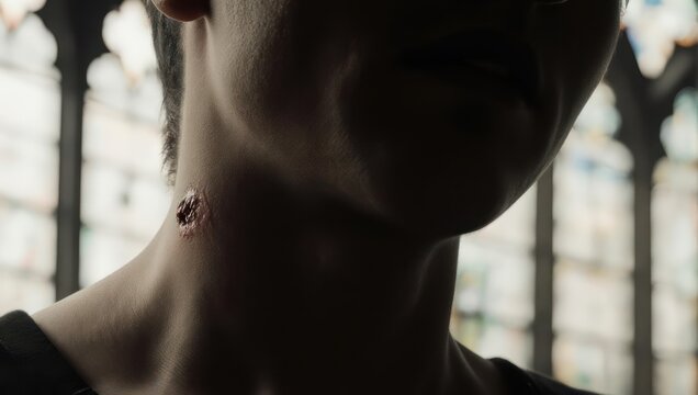 Vampire Bite - Close-up of a Neck with a Fresh Wound.