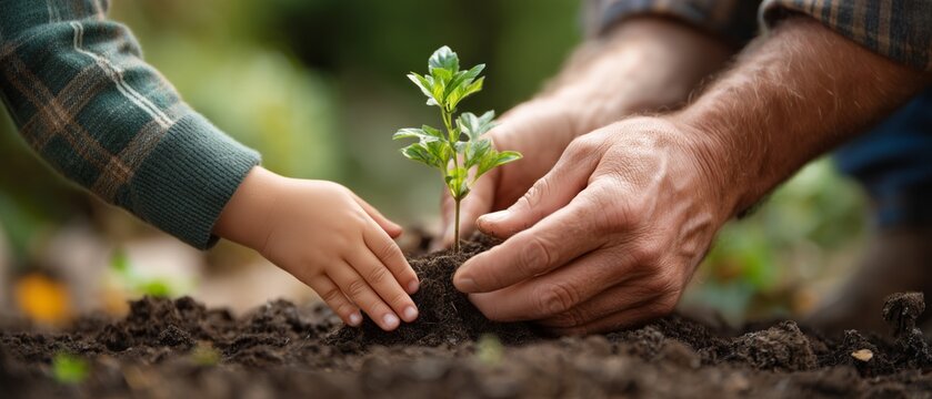 Planting a seedling together family garden photography outdoor close-up bonding - Powered by Adobe