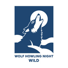 Wolf Howling Night Logo.Wild Wolf Mascot Emblem.Dark Blue Wilderness Badge.Primal Howl Vector Art.Moonlit Wolf Silhouette