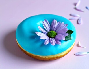 A vibrant glazed dessert topped with a delicate purple flower, petal accents against a soft pink backdrop