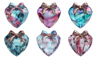 Fototapeta premium Colorful Glass Heart Emblems with Glossy Ribbons and Translucent Effects