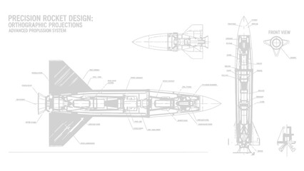 Obraz premium Precision rocket design blueprint orthographic projections with detailed internal components advance
