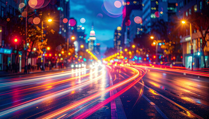 Fototapeta premium 虹色ボケの街並み・カラフル光点の都市夜景