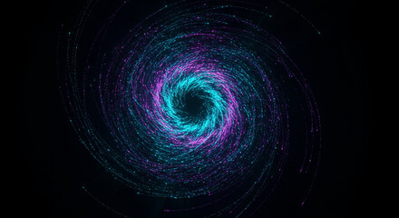 A cloud of swirling, ethereal bioluminescent deep-sea plankton, illuminated with vibrant cyan and magenta light. The particles form a gentle vortex pattern. Pitch black void background, abstract conce