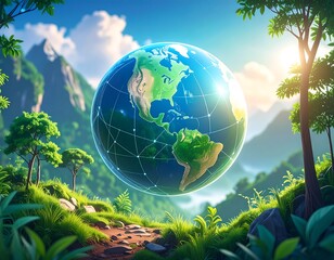 A vibrant globe floats above a lush green landscape. Sunlight streams through trees, highlighting rolling hills and a mountain range