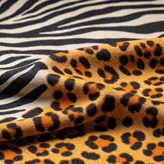 Close up of textured fabric featuring mixed animal prints, combining bold zebra stripes and spotted leopard patterns ,white ,material ,wallpaper
