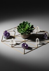 Close up view of a geometric crystal grid setup featuring amethyst, clear quartz points, and a striking dark green Aeonium succulent centerpiece ,vibrant, nature, aeonium