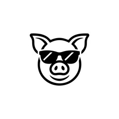 A cheerful, bold black and white vector logo of a pig's face wearing sunglasses, giving a cool, relaxed vibe. Ideal for a trendy farm, food, or lifestyle brand.