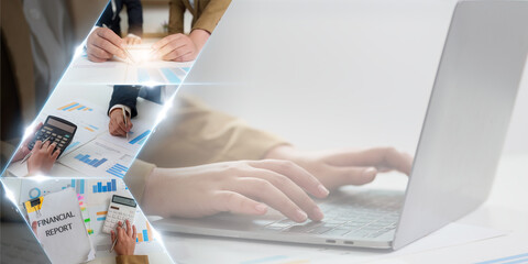 Collage of Financial Analysis and Reporting with Laptop and Calculator
