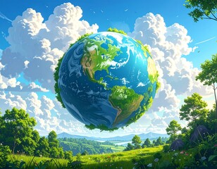 A vibrant globe floats amidst fluffy clouds above a lush green landscape. Trees and rolling hills frame the earth