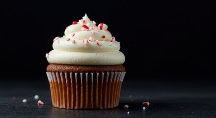 Delicious holiday cupcake topped with creamy white frosting, festive red and white sprinkles, and crushed peppermint candies ,sprinkle ,festive food ,closeup