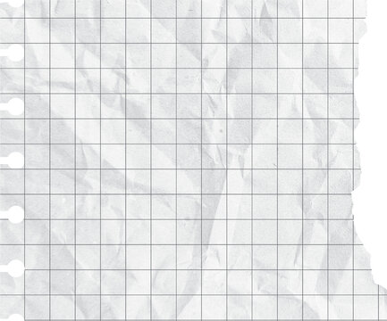 A wrinkled, torn sheet of grid paper held by tape, isolated on a transparent background Crumpled grid paper with a squared pattern, graph paper, blank white paper texture background. Vector design.