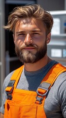 A man with a beard and orange overalls is smiling. He is wearing a grey shirt underneath the orange overalls