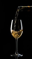 Elegant golden bubbly wine pouring into a crystal flute, creating a striking contrast against a deep, dramatic black background ,crisp ,pouring ,bubbly