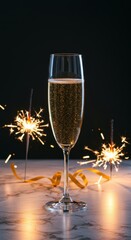 Elegant flutes filled with celebratory bubbly drink near glowing, bright sparklers marking the arrival of the new calendar cycle ,winter ,holiday ,elegant