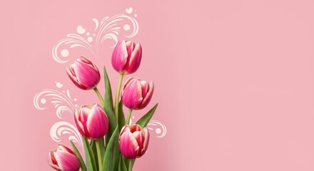 Elegant vertical spring backdrop with soft pastel pink colors, detailed decorative flourishes, and stylized blooming tulip flowers ,soft ,blooming ,flower