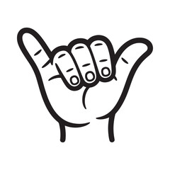 A black and white illustration of a hand making the shaka sign gesture