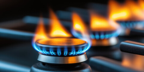 Clear blue flame burning cleanly on a gas stove burner with a touch of orange at the tips, symbolizing efficient energy, heating, household utility and modern kitchen appliances. Copy space