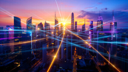 Digital Transformation of City Life with Abstract Glowing Networks.