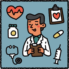 Cute hand-drawn doctor illustration holding a clipboard with medical icons including stethoscope, syringe, pills, and heart monitor