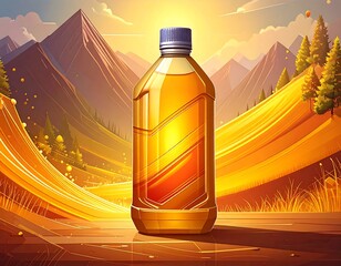 A vibrant, golden liquid-filled bottle stands against a mountainous vista, bathed in sunlight. Rolling hills lead to peaks