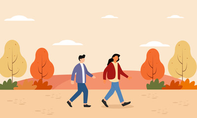 Men and women walk enjoying the autumn atmosphere, seeing the beautiful scenery.