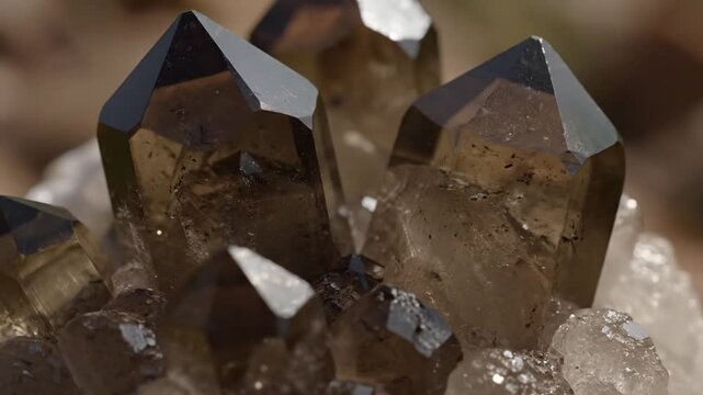 A stunning macro view of a natural cluster of raw smoky quartz crystals with sharp, dark points and brilliant facets
