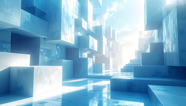 青い立方体が浮遊する明るい幻想的な3D空間