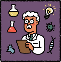 Cute hand-drawn scientist illustration with laboratory flasks, DNA, virus icons and light bulb – science and research theme