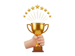 3d hand holding gold trophy with stars isolated on transparent background