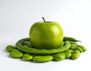 A vibrant Granny Smith apple rests on a bed of fresh green beans, artfully arranged against a plain white background