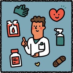 Cute hand-drawn nurse illustration with medical supplies, bandage, disinfectant spray and heart icons – healthcare and nursing profession theme