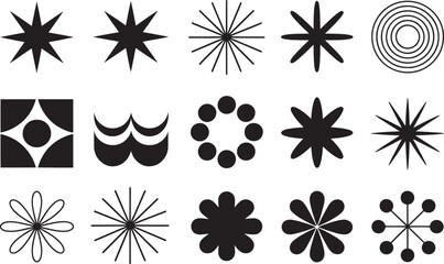 "Collection of Simple Geometric Symbols - Vector Set of Black and White Star and Circular Shapes"