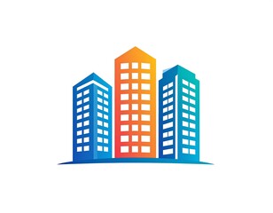A vibrant graphic features three stylized skyscrapers. Each building utilizes a gradient of blues and oranges