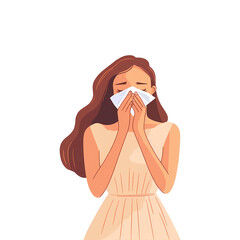 Young Woman Blowing Her Nose with a Tissue. Illustration of Person with Cold or Allergy Symptoms