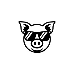 A cheerful, bold black and white vector logo of a pig's face wearing sunglasses, giving a cool, relaxed vibe. Ideal for a trendy farm, food, or lifestyle brand.