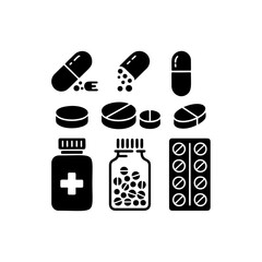 A set of black and white vector icons representing various pills, capsules, and medicine bottles, symbolizing pharmacy, healthcare, treatment, and pain relief.