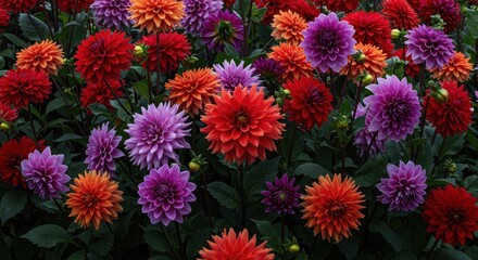 Lush, dense floral background featuring abundant vibrant red, purple, orange, and pink dahlia blossoms in full bloom during summer ,floral ,pink ,decoration