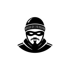 A black and white vector icon of a man in a beanie and mask, with a beard/mustache, symbolizing a robber, thief, or criminal activity and danger.