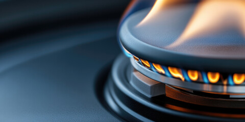 Clear blue flame burning cleanly on a gas stove burner with a touch of orange at the tips, symbolizing efficient energy, heating, household utility and modern kitchen appliances. Copy space