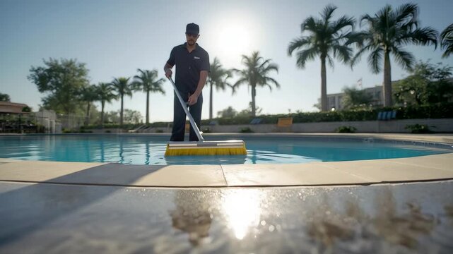 Worker cleaning swimming pool deck beside clear water and palm trees under bright sunlight creating a fresh resort maintenance lifestyle scene